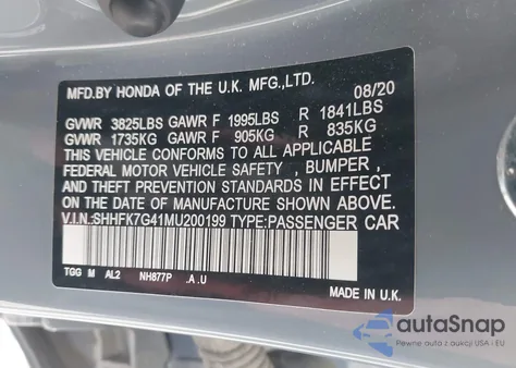 2021 Honda Civic Sport z USA, uszkodzony, nr VIN SHHFK7G41MU200199